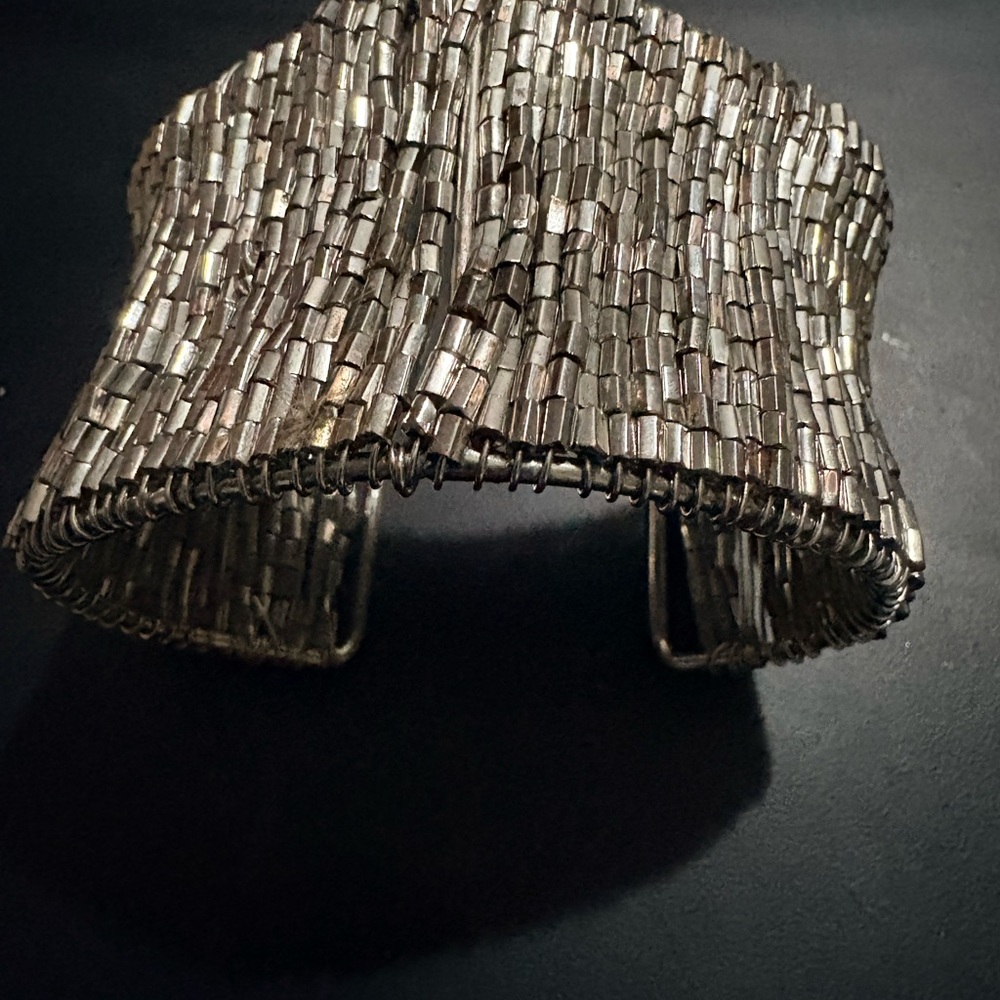 Vintage Wide Rigid Silver Beaded Cuff Bracelet